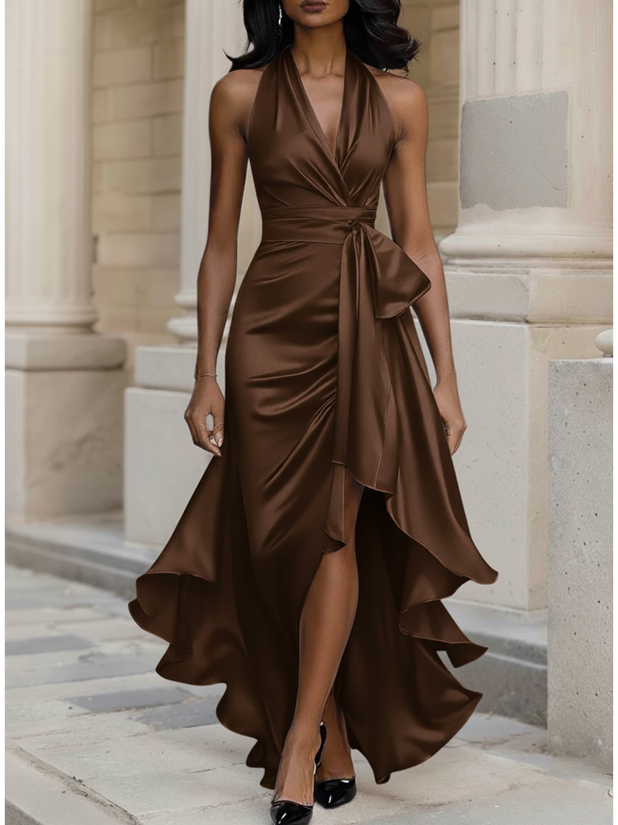 Midnight Elegance Satin Halter Ruffle Gown