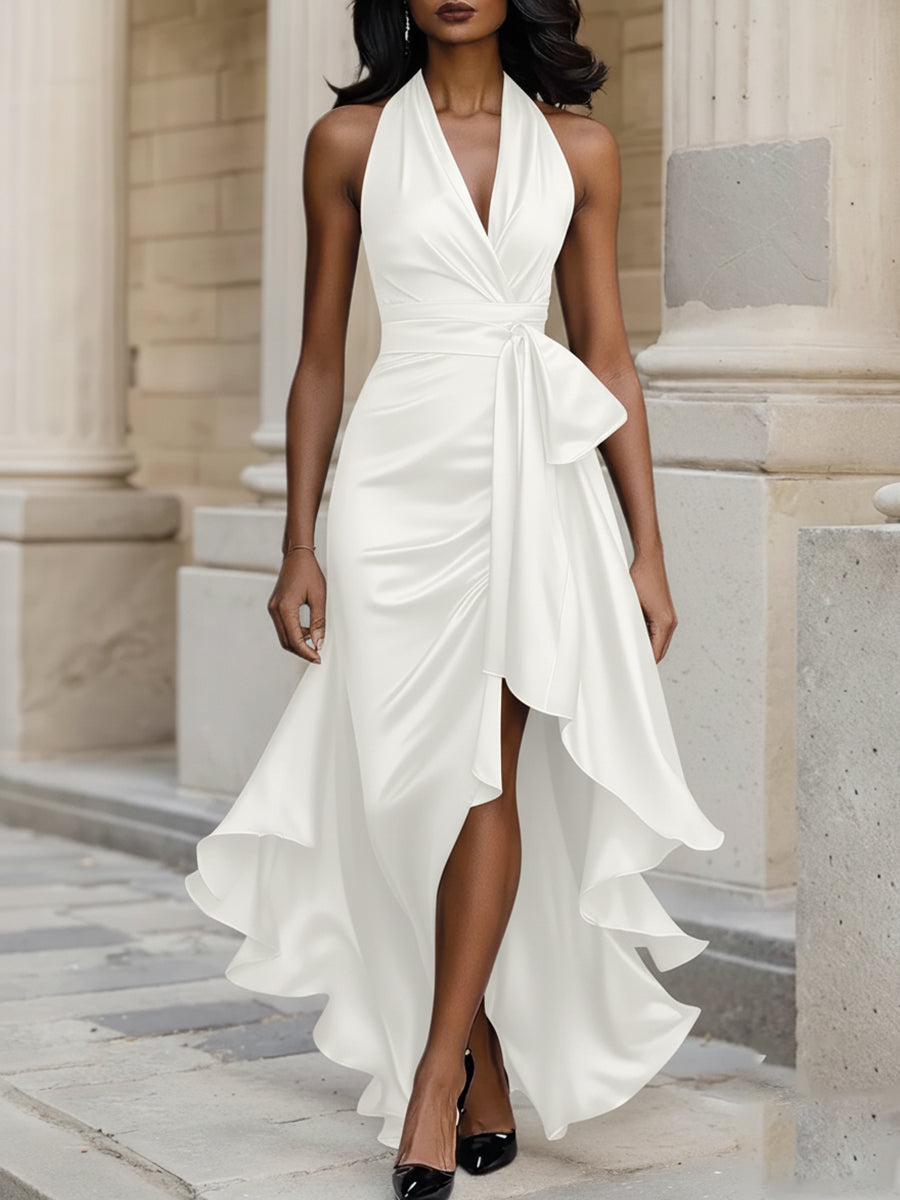 Midnight Elegance Satin Halter Ruffle Gown