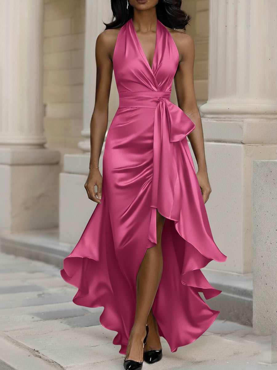 Midnight Elegance Satin Halter Ruffle Gown