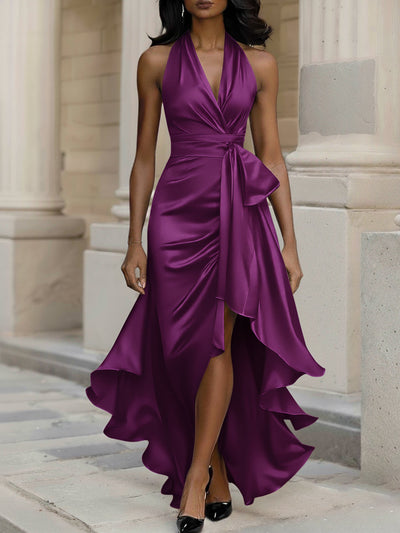 Midnight Elegance Satin Halter Ruffle Gown
