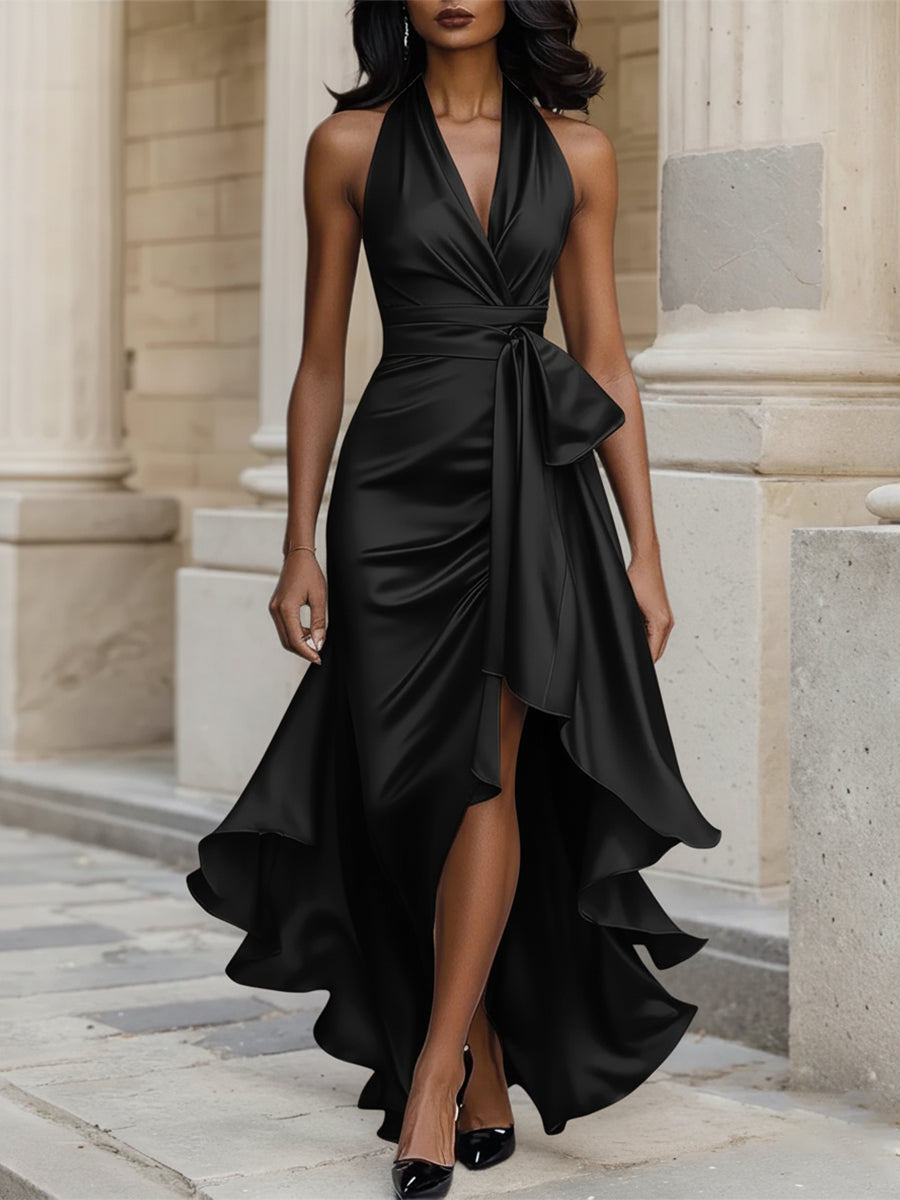 Midnight Elegance Satin Halter Ruffle Gown