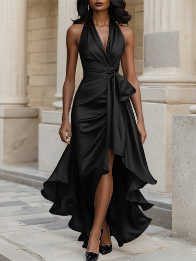 Midnight Elegance Satin Halter Ruffle Gown
