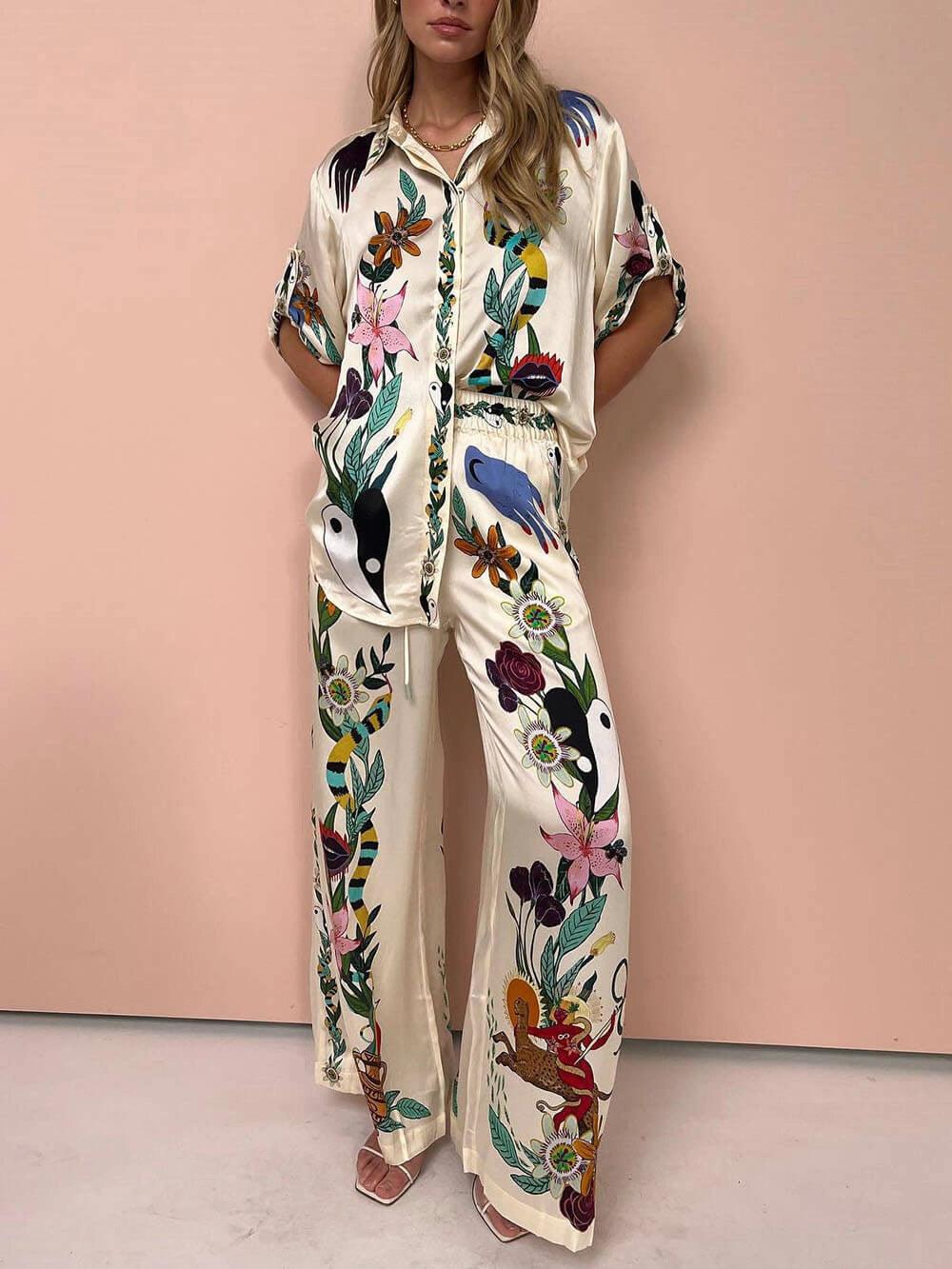 Satin unique print shirt & trousers set