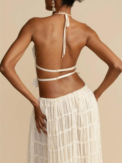 Pleated Drawstring Charm Waist Tiered Maxi Skirt Suit