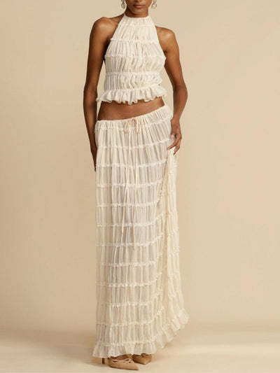 Pleated Drawstring Charm Waist Tiered Maxi Skirt Suit