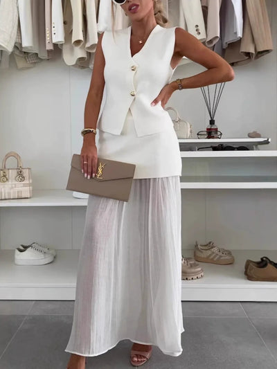 Knitted vest tulle patchwork pleated long skirt suit