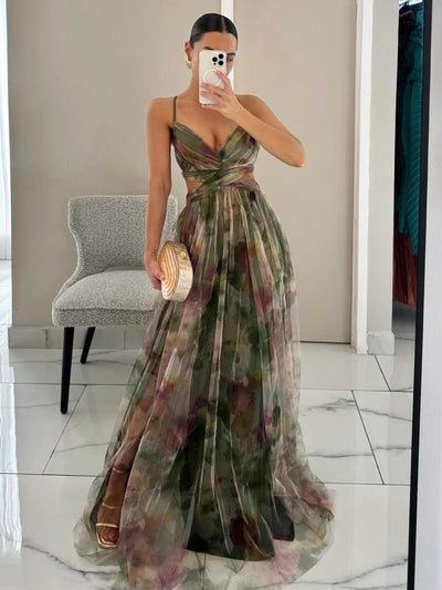 Elegant Painted Floral Print V-Neck A-Line Maxi Dress