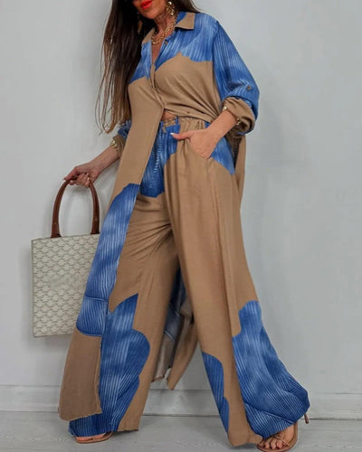 Women's V-neck Patchwork Top and Pants Casual Set