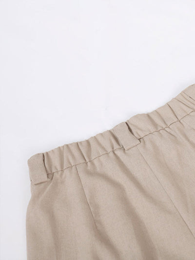 Classic V-neck Pleated Cotton and Linen Wide-leg Pants Suit