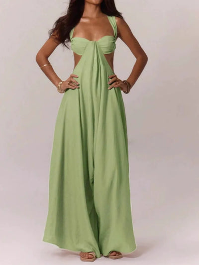 Paneled pleated wide-leg jumpsuit