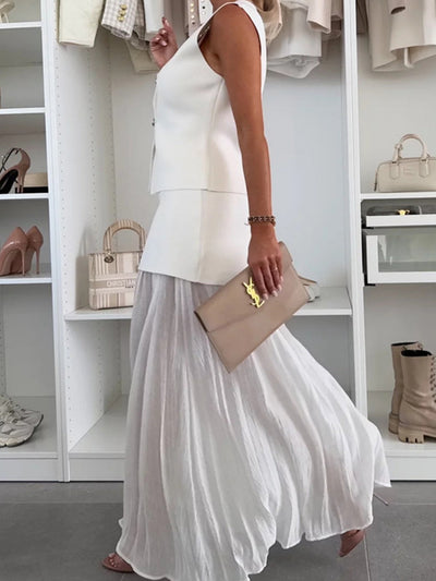 Knitted vest tulle patchwork pleated long skirt suit