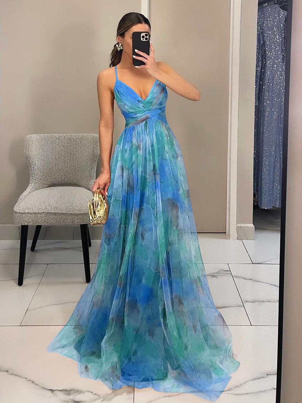 Elegant Painted Floral Print V-Neck A-Line Maxi Dress