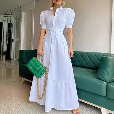 Temperament commuting long short-sleeved swing dress with belt