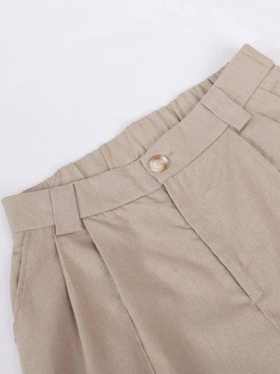 Classic V-neck Pleated Cotton and Linen Wide-leg Pants Suit