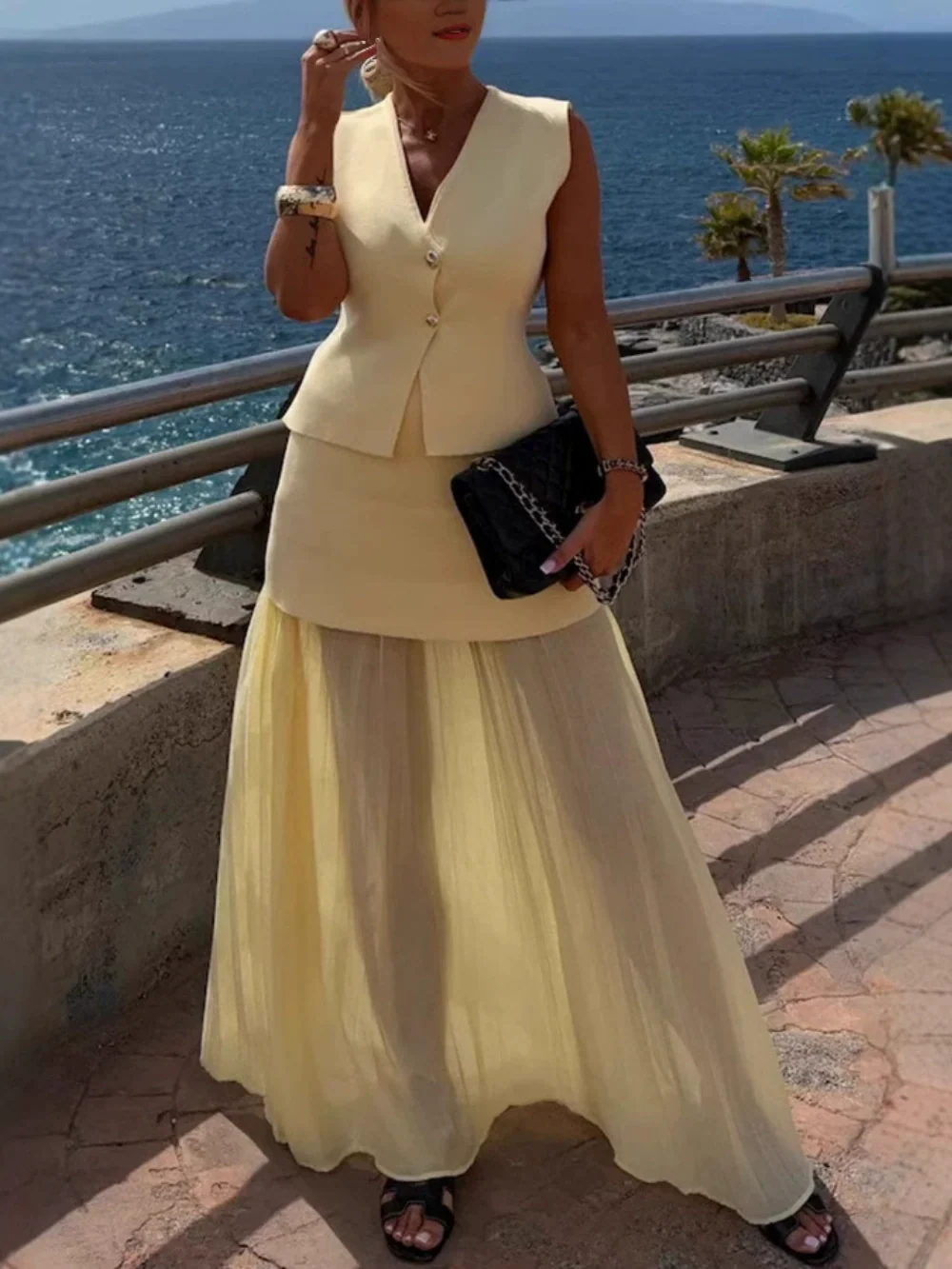 Knitted vest tulle patchwork pleated long skirt suit