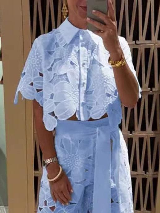 Exquisite floral embroidery sexy hollow suit