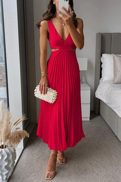 V Neck Cut Out Waist Sleeveless Pleated Maxi Dress