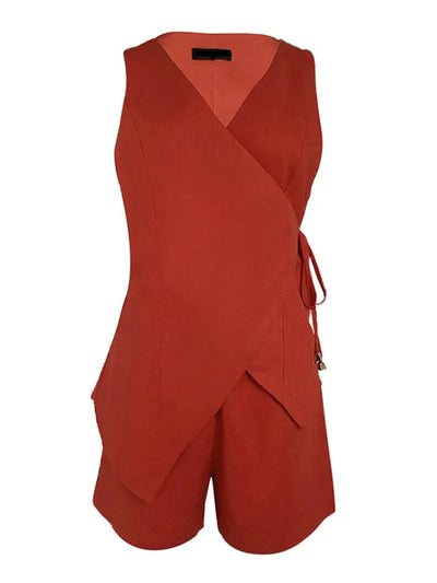 Linen Sleeveless V-neck Top and Loose Shorts Set