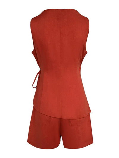 Linen Sleeveless V-neck Top and Loose Shorts Set