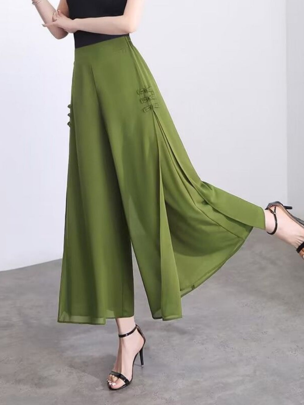 Slit drape chiffon cropped wide-leg pants