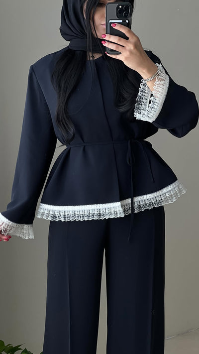 Lace-trimmed tie-waist suit and trousers set