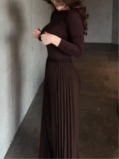Brown long-sleeved top and pleated skirt set