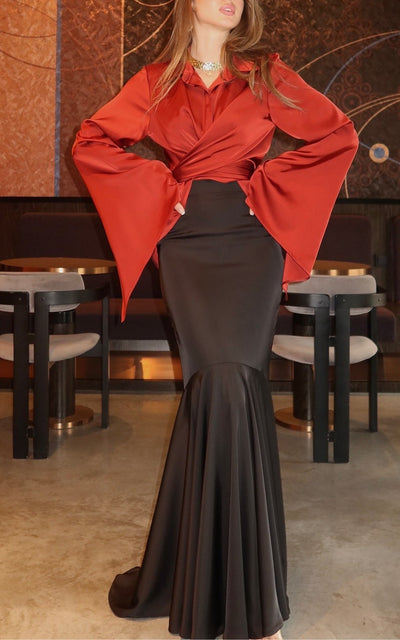 Cross-waist shirt and fishtail long skirt set