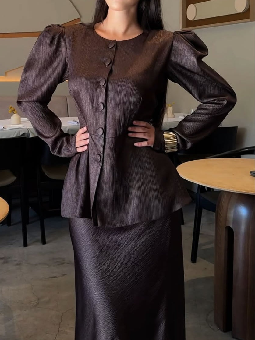 Round Neck Button Puff Sleeve Skirt Suit