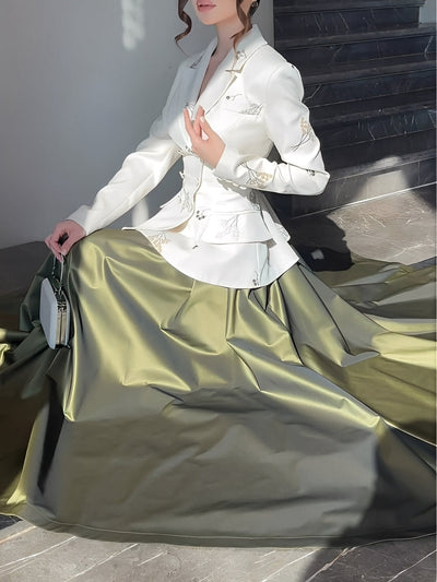 Printed suit jacket and green skirt set