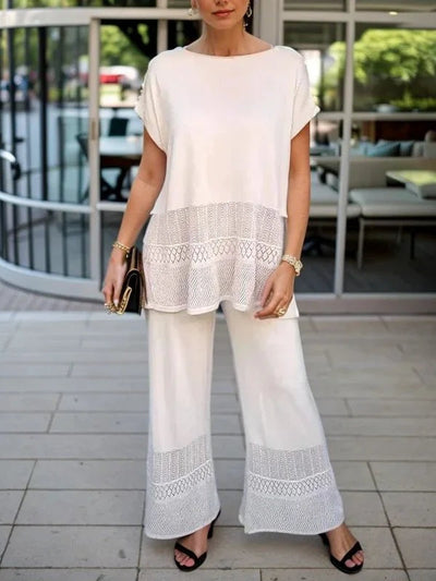 Hollow Crew Neck Short-sleeved Top and Wide-leg Pants Set