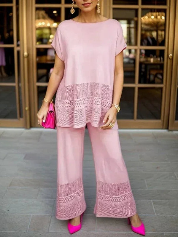 Hollow Crew Neck Short-sleeved Top and Wide-leg Pants Set