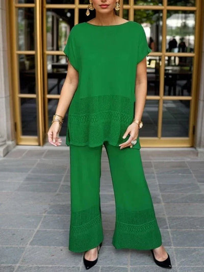 Hollow Crew Neck Short-sleeved Top and Wide-leg Pants Set