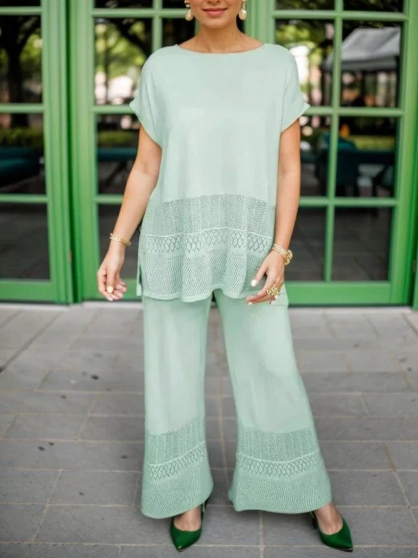 Hollow Crew Neck Short-sleeved Top and Wide-leg Pants Set