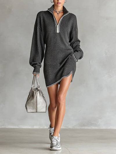 Fashion Loose Knit White Trim Zipper Polo Neck Mini Dress