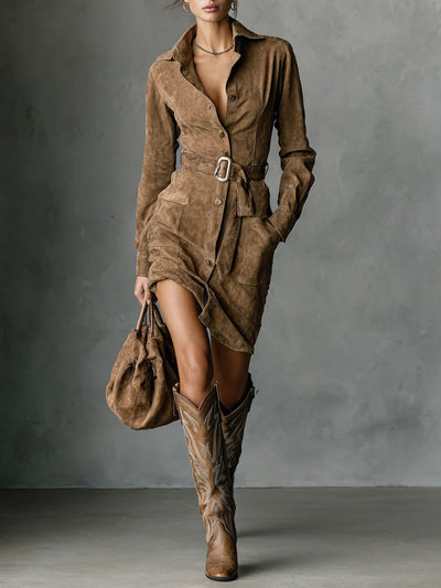 Suede Single Breasted Lapel Long Sleeve Midi Dress