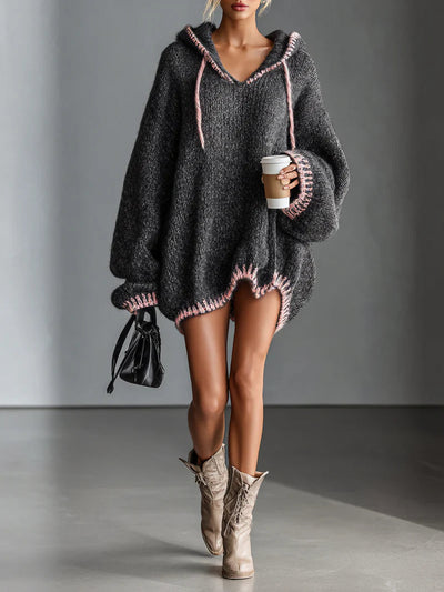 Loose-fitting hooded pink-trimmed knitted mini dress