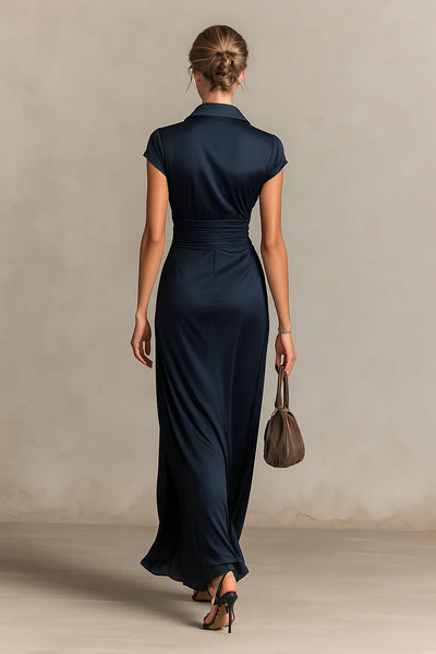 Satin Button Lapel Short Sleeve Waist Length Dress