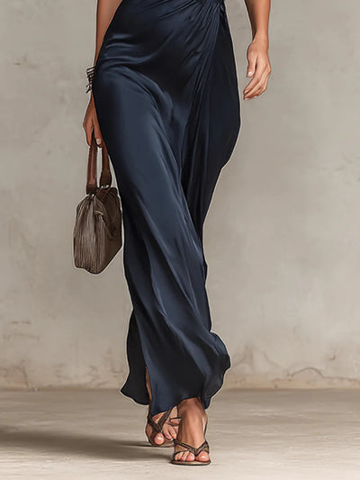 Satin Button Lapel Short Sleeve Waist Length Dress