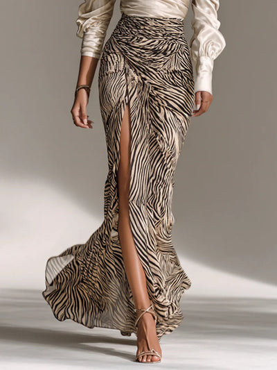 Satin off-the-shoulder top with zebra-print slit skirt two-piece set