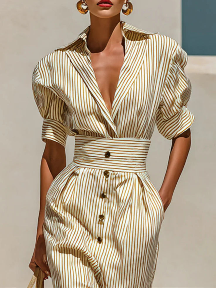 Striped Lapel Short Sleeve Waist Midi Dress