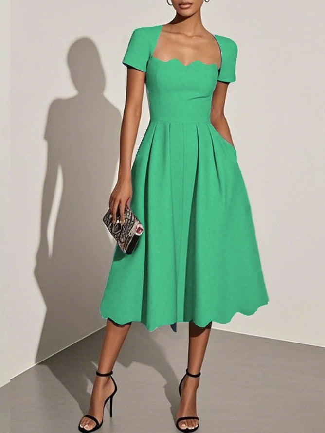 Black Irregular Craftsmanship Classic Square Neck Short Sleeve A-Line Midi Dress