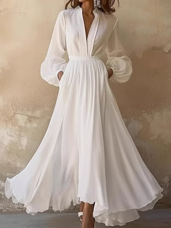 White V-neck Lantern Sleeve Ruffled Maxi Dress