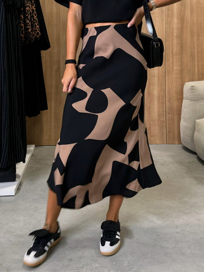 Colorblock Print Satin Skirt