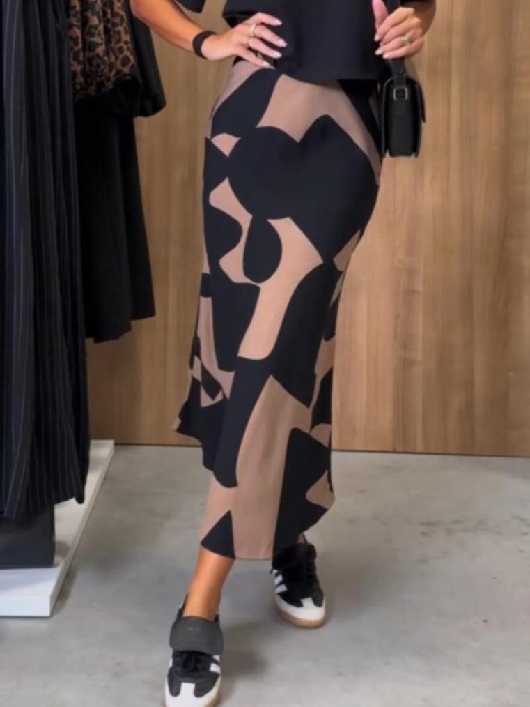 Colorblock Print Satin Skirt