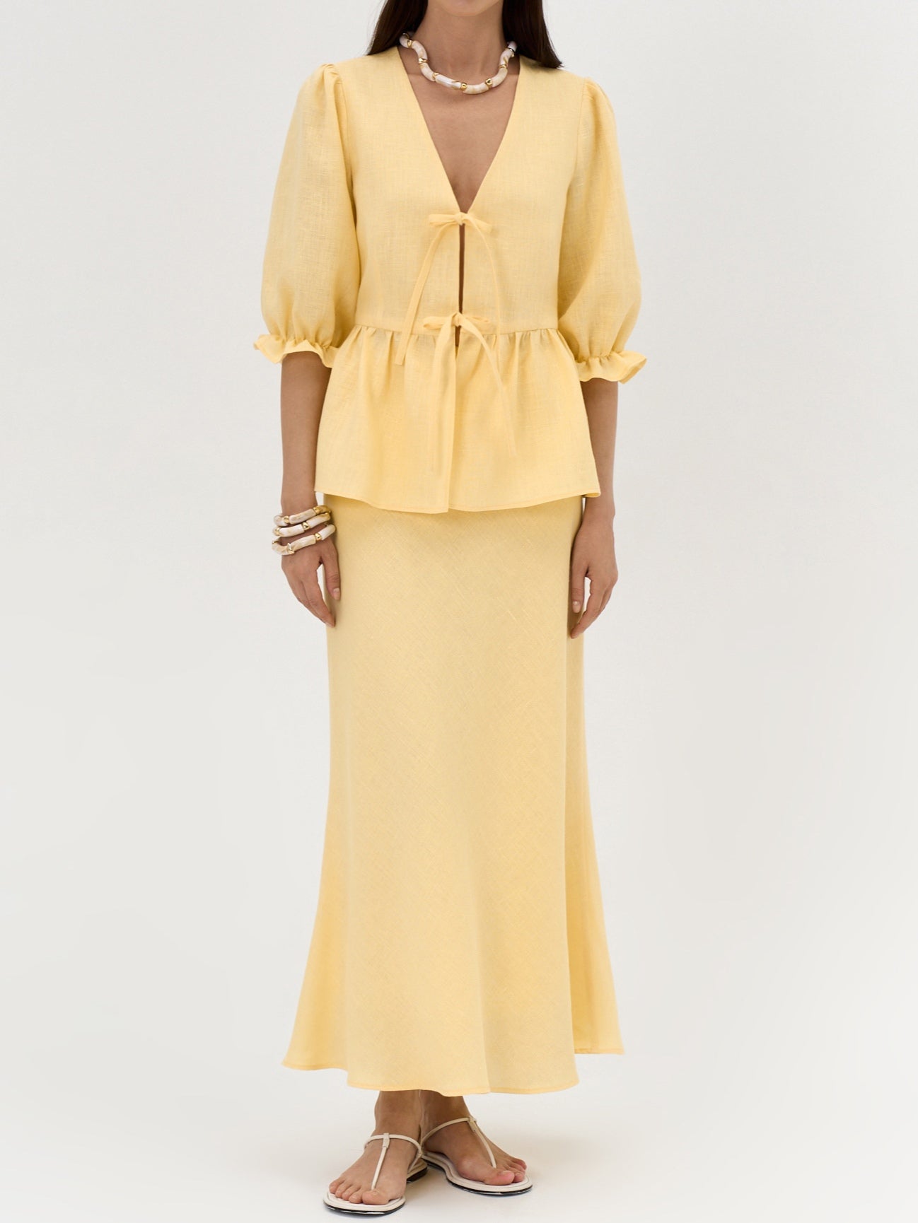 Yellow V-neck Mid-sleeve Top High Waist Skirt Linen Suit
