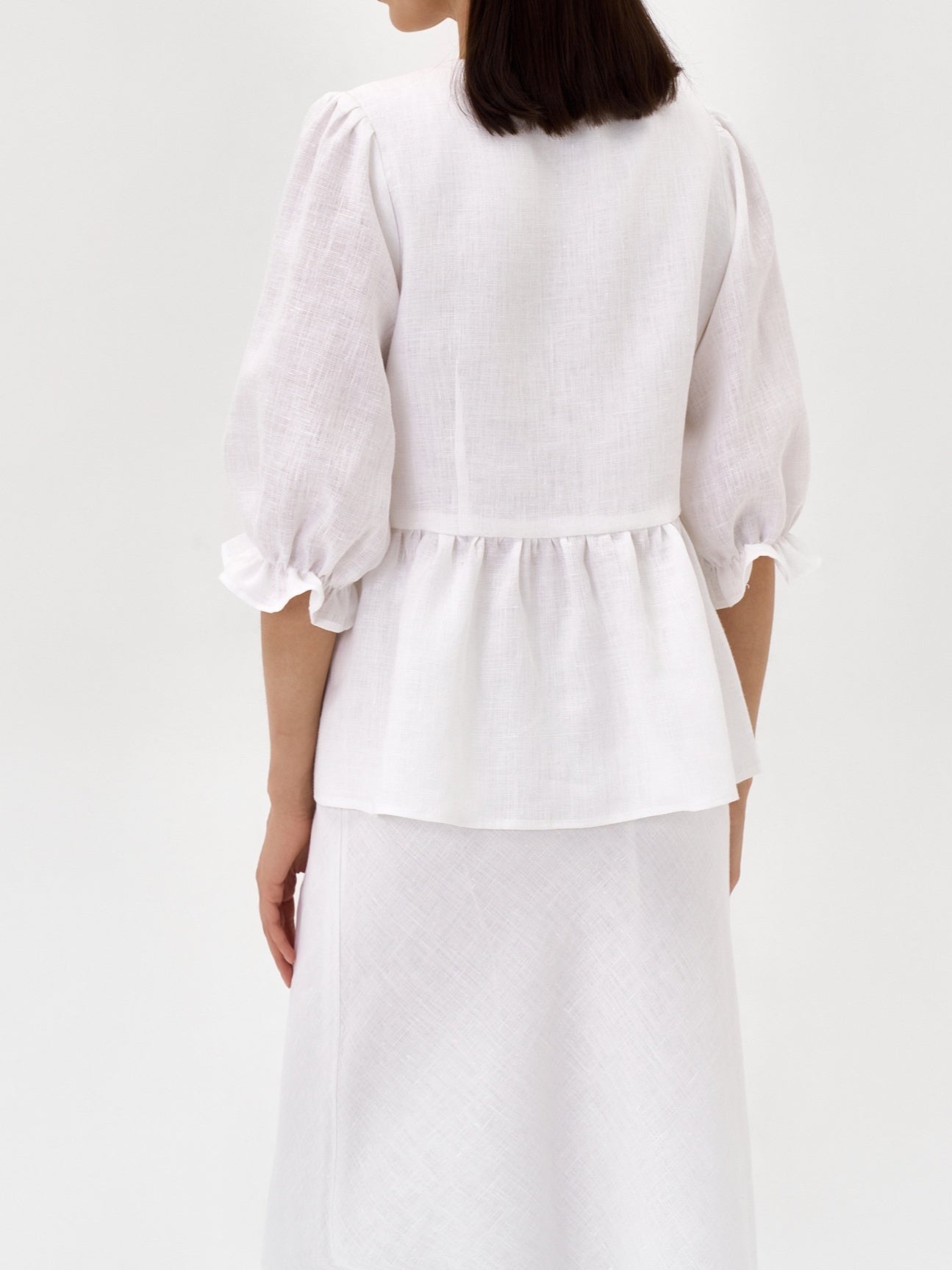 Yellow V-neck Mid-sleeve Top High Waist Skirt Linen Suit