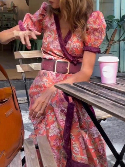 Elegant Pink Floral Print Short Sleeve Maxi Dress