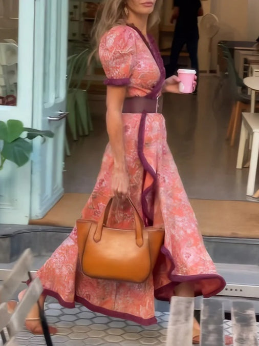 Elegant Pink Floral Print Short Sleeve Maxi Dress