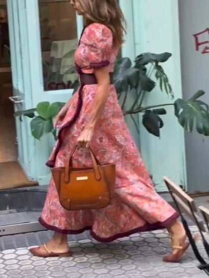 Elegant Pink Floral Print Short Sleeve Maxi Dress