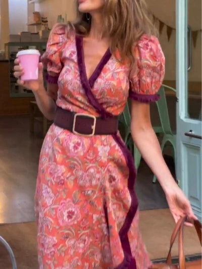 Elegant Pink Floral Print Short Sleeve Maxi Dress